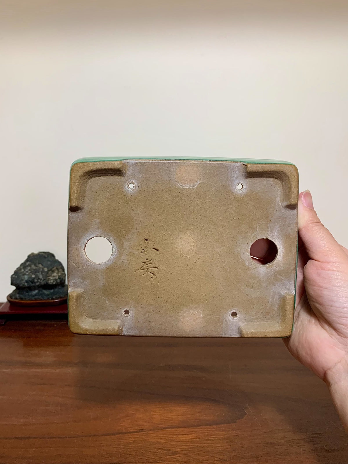 Cloth-Textured Glaze, Cut-Foot Rectangular Maple Tree Pot by Yamafusa