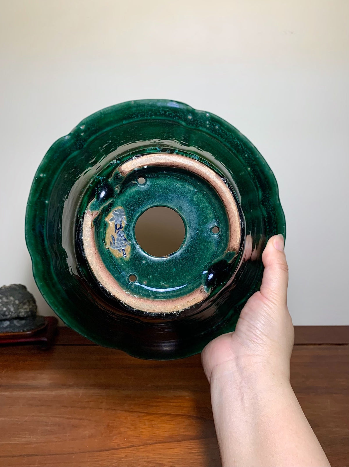 Green Glaze Kiln-Transmuted Wheel-Patterned Large Conical Japanese Pot by Shuufu