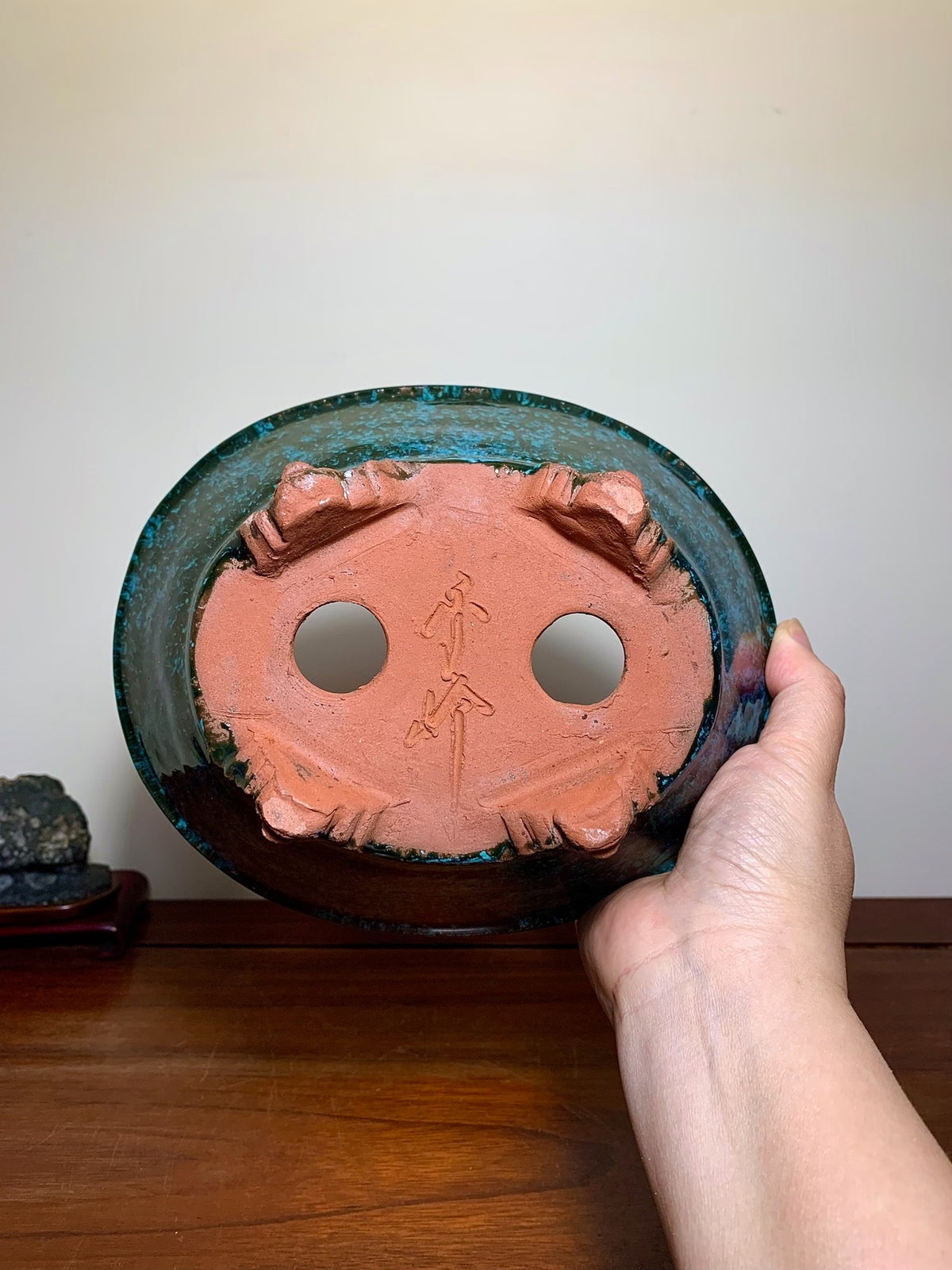 Cloud-Footed Outer-Rim Kiln-Transmuted Oval Japanese Bonsai Pot by Shuufu