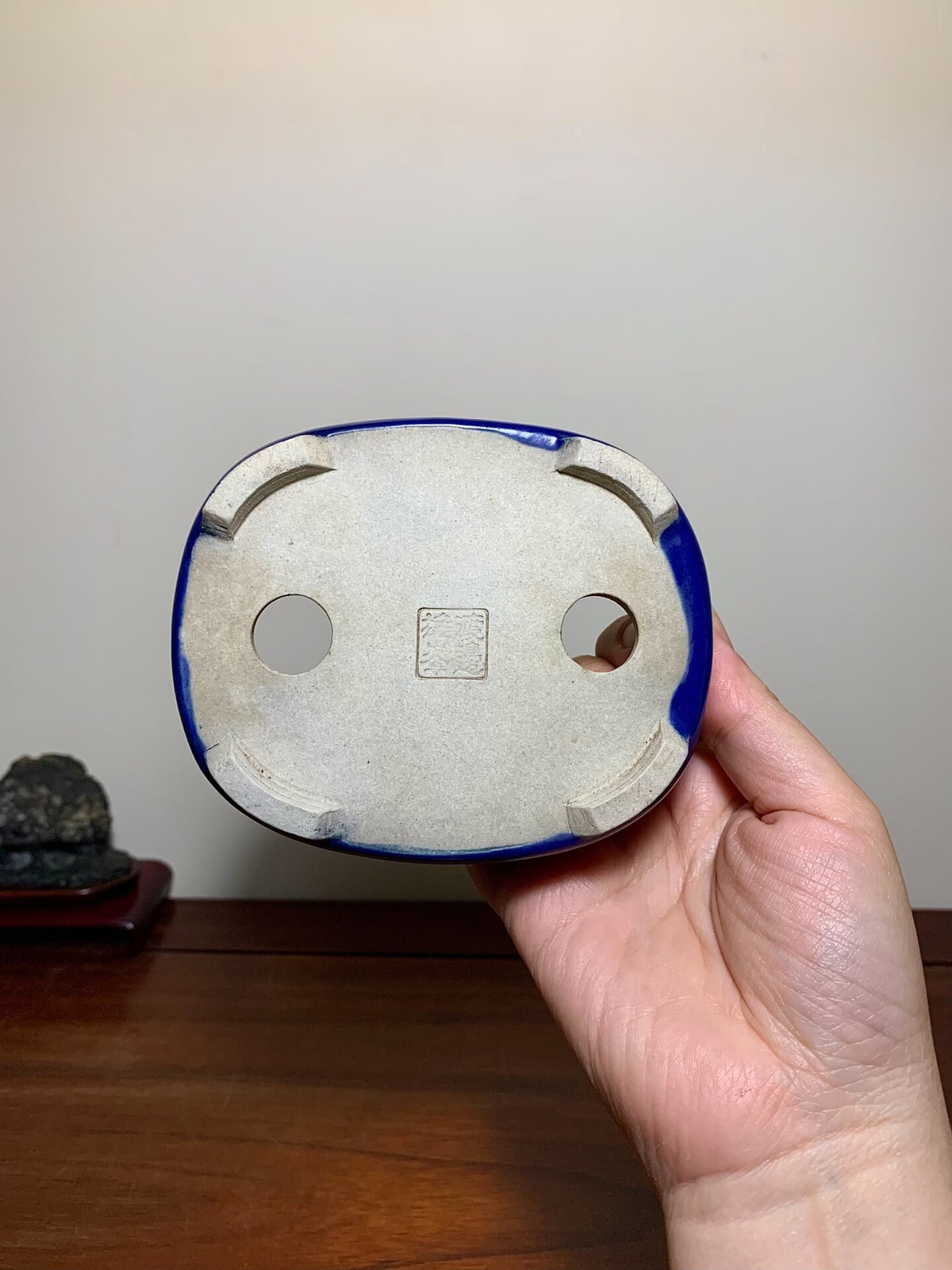 Owase Yufu Blue Glaze Outer Rim, Gently Beveled Rectangular Japanese Flower Pot