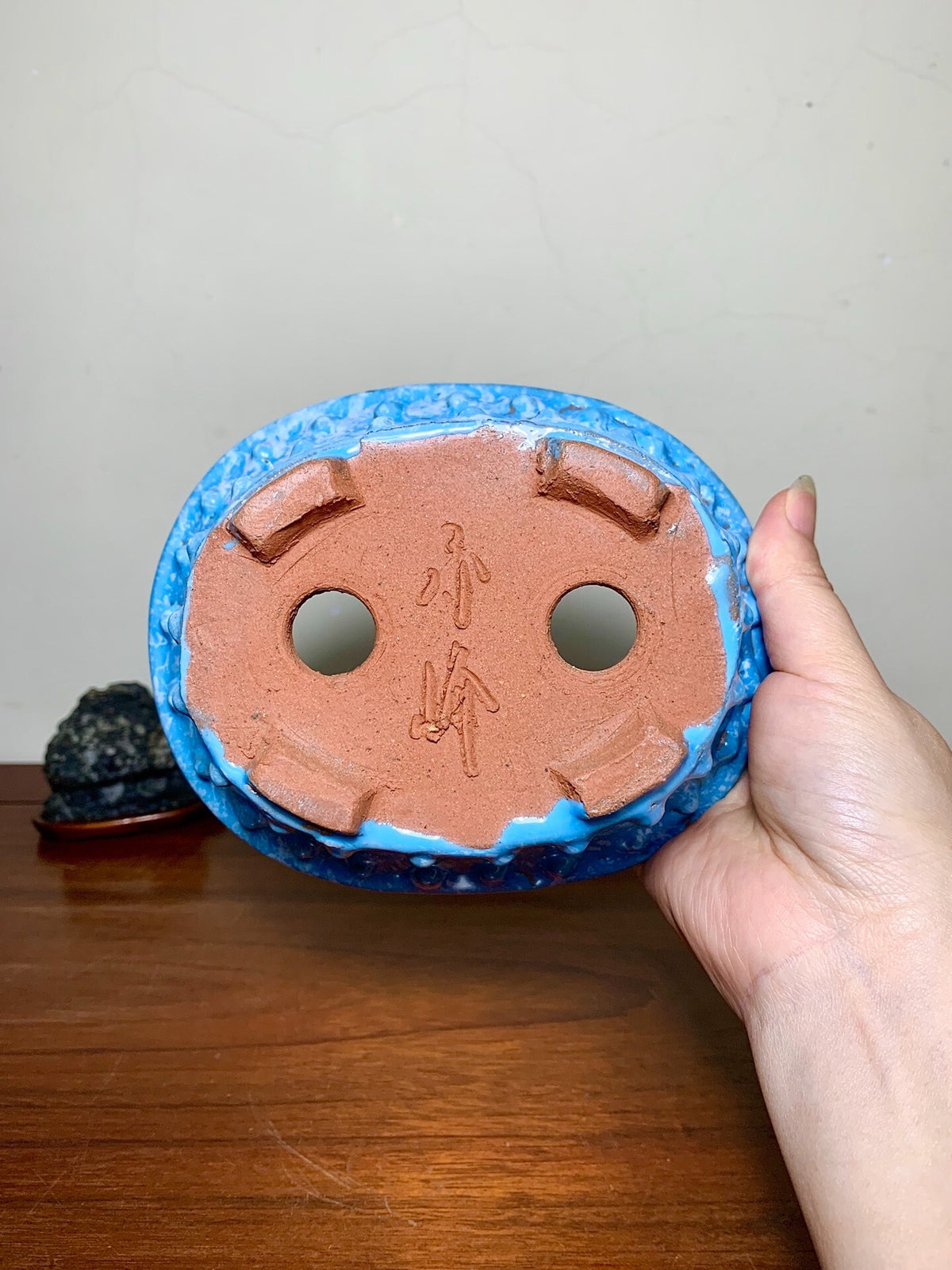 Ruri Blue Glaze Kiln-Transmuted Oval with Two Studded Bands Japanese Pot by Shuufu