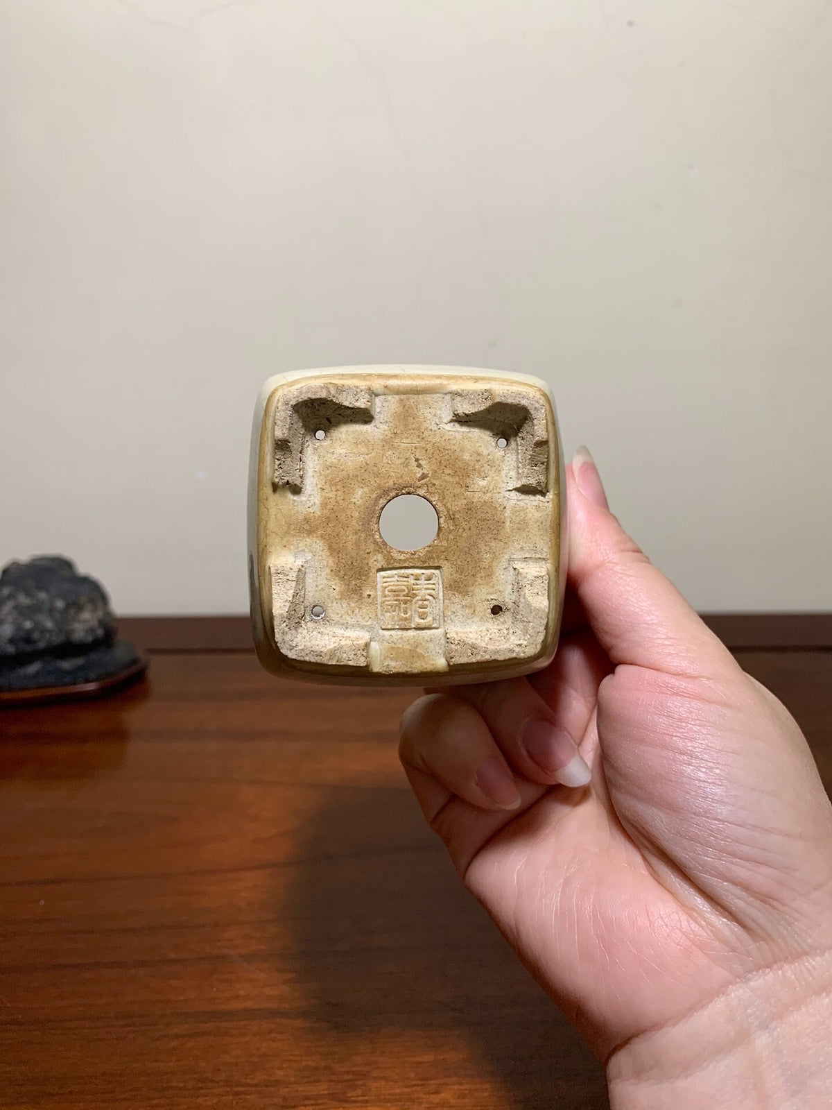 White Glaze Lower Band Small Square Japanese Pot by Shunaka