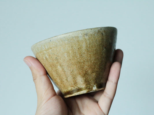 Wide shallow bowl in speckled ochre with a soft green rim, held in a hand against pale blue.