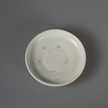 Shallow white porcelain plate seen from above, marked with small amber firing spots.