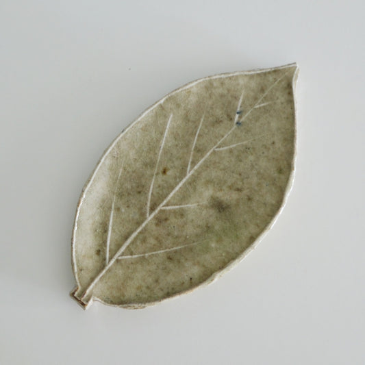 Leaf-shaped dish in soft cream and olive glaze with the leaf veins pressed into its surface.