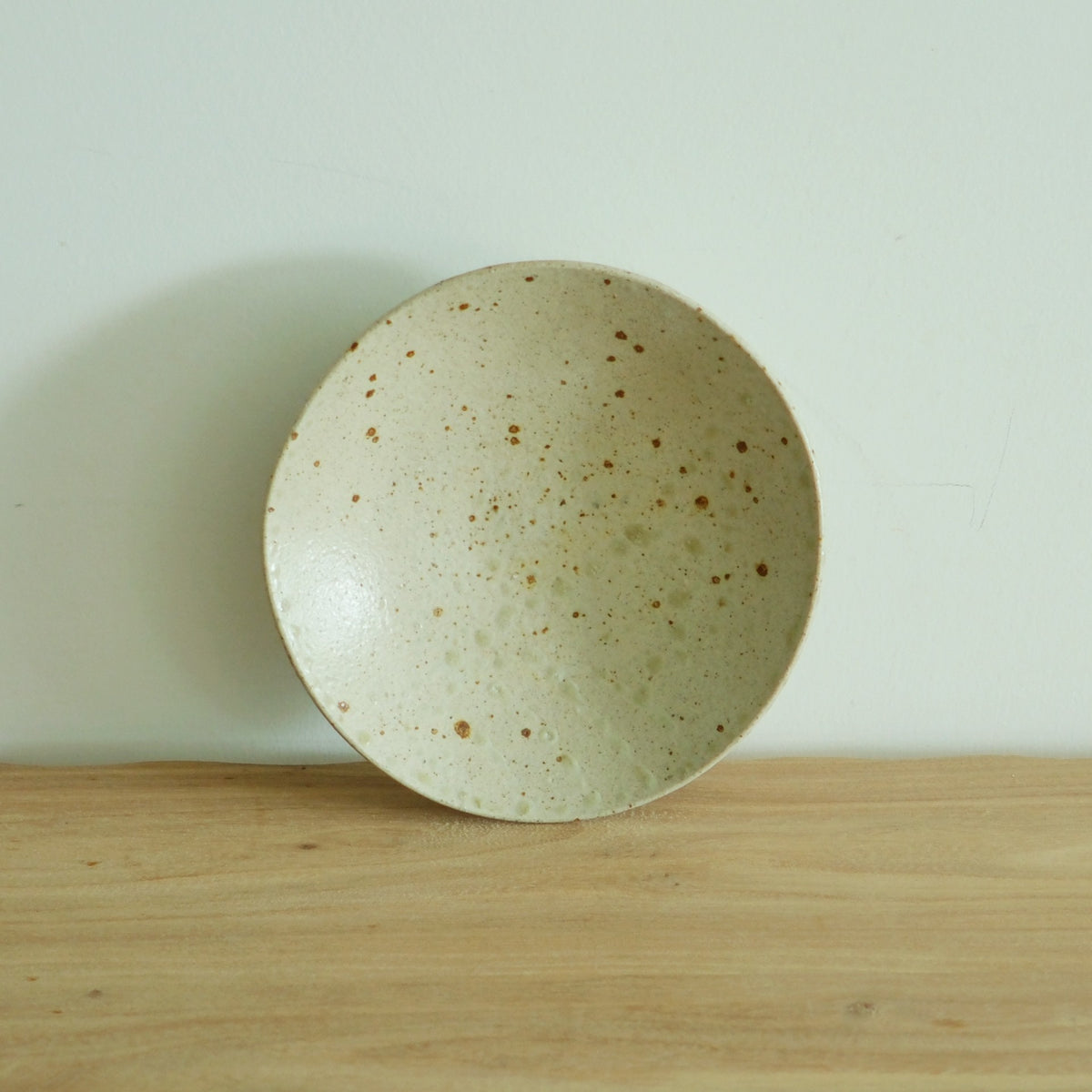 Shallow bowl in speckled pale olive cream, standing upright against a soft green wall.