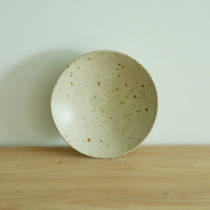 Shallow bowl in speckled pale olive cream, standing upright against a soft green wall.