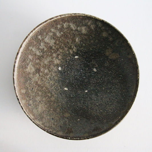 Large wood-fired plate in dark speckled brown with a lighter blush across one side.