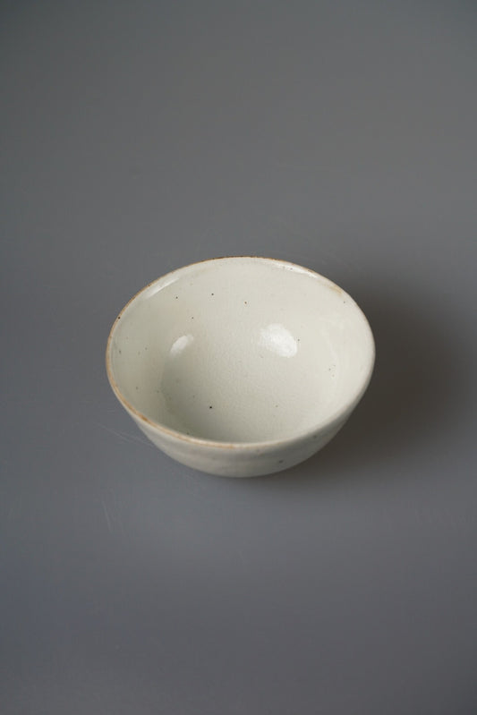 Plain white bowl with smooth curved walls and a thin clean rim, on pale grey.