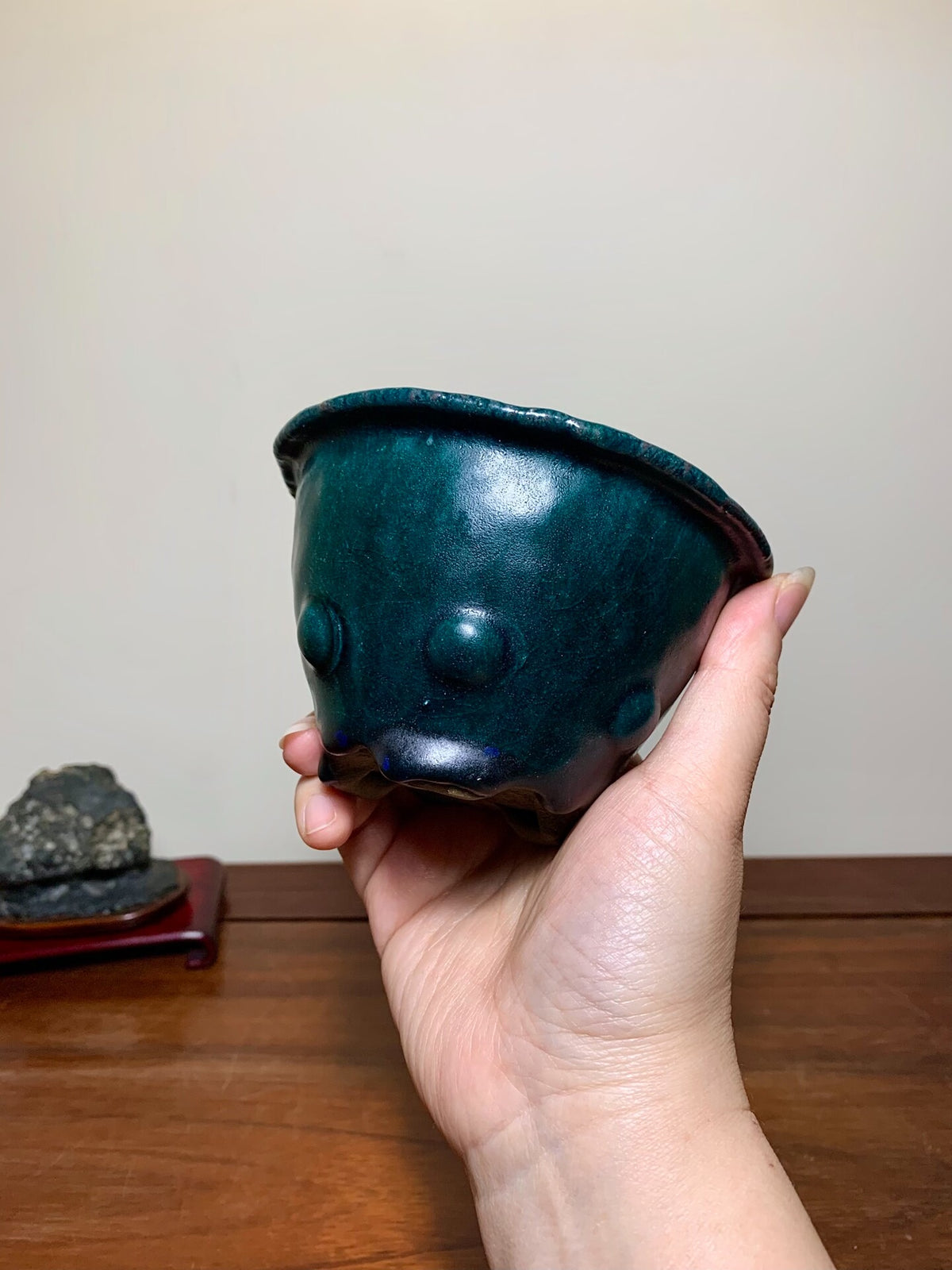 Ichi No Kura Ishishu Green Glaze Studded Hand-Pinched Round Pot