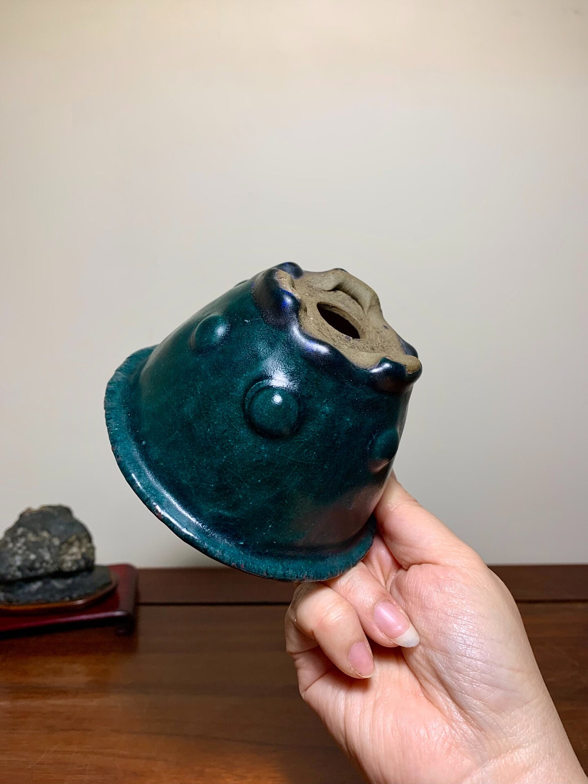 Ichi No Kura Ishishu Green Glaze Studded Hand-Pinched Round Pot