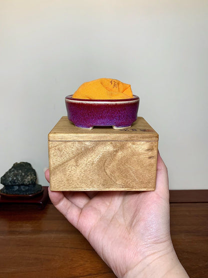 A hand holds a small, purple-glazed ceramic pot with a yellow cloth inside, resting on a wooden box.