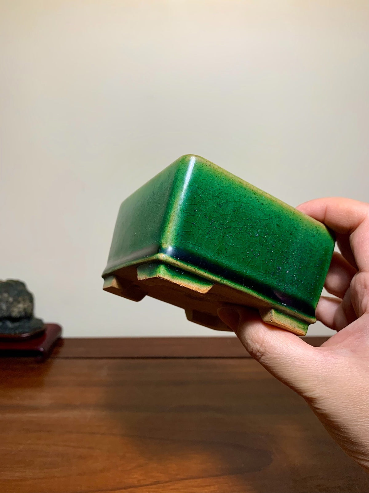 Cloth-Textured Glaze Lower Band Cut Feet Square Japanese Pot by Watanabe Kazuhiro