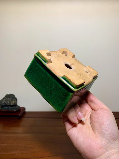 Cloth-Textured Glaze Lower Band Cut Feet Square Japanese Pot by Watanabe Kazuhiro