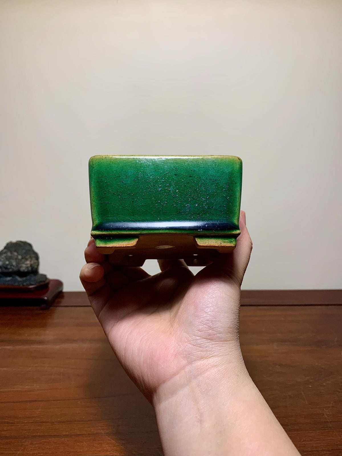 Cloth-Textured Glaze Lower Band Cut Feet Square Japanese Pot by Watanabe Kazuhiro