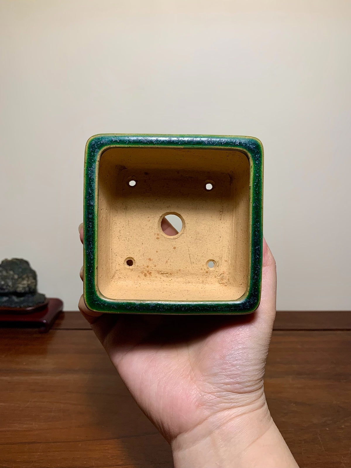 Cloth-Textured Glaze Lower Band Cut Feet Square Japanese Pot by Watanabe Kazuhiro