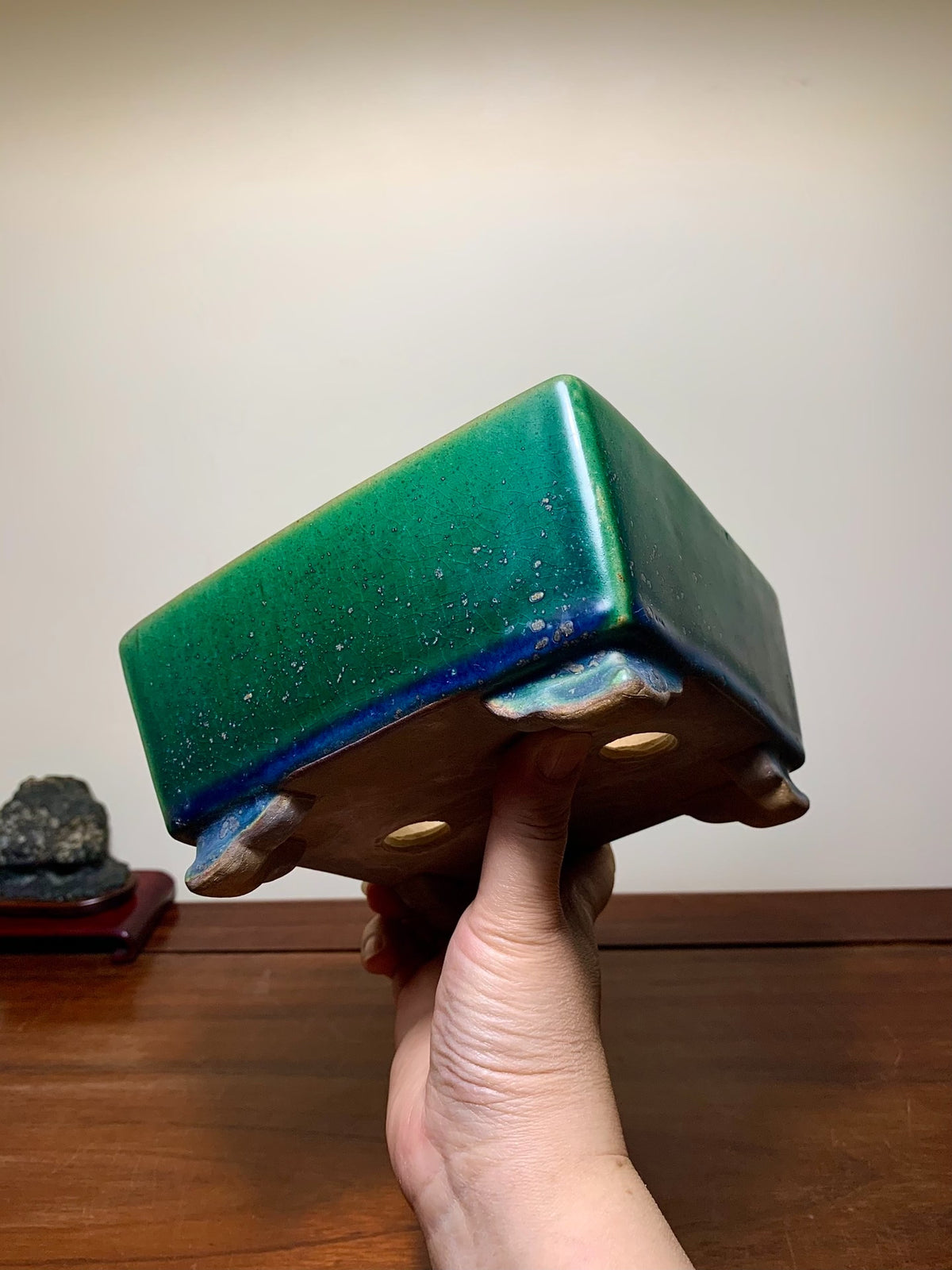 Cloth-Textured Glaze, Cloud Feet, Square Japanese Pot by Watanabe Kazuhiro