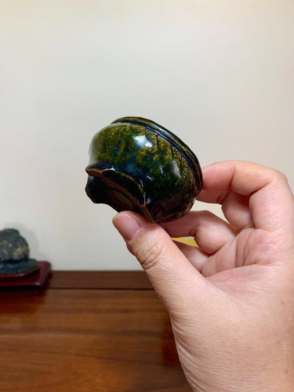 Green Glaze Kiln-Transmuted Hand-Pinched Round Pot by Tsujihikko