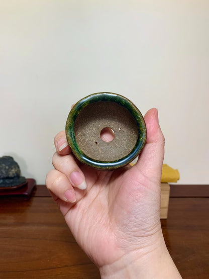 Green Glaze Kiln-Transmuted Hand-Pinched Round Pot by Tsujihikko