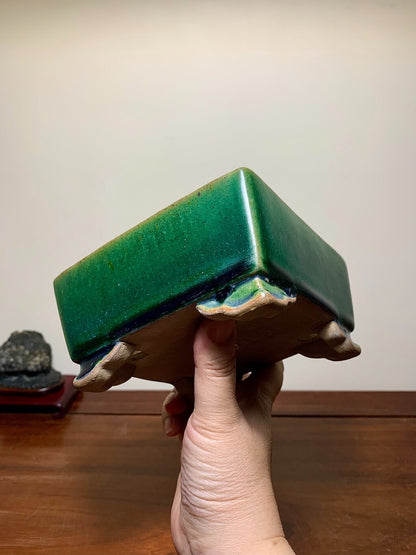 A hand holds a glossy green square ceramic pot with a scalloped foot rim.