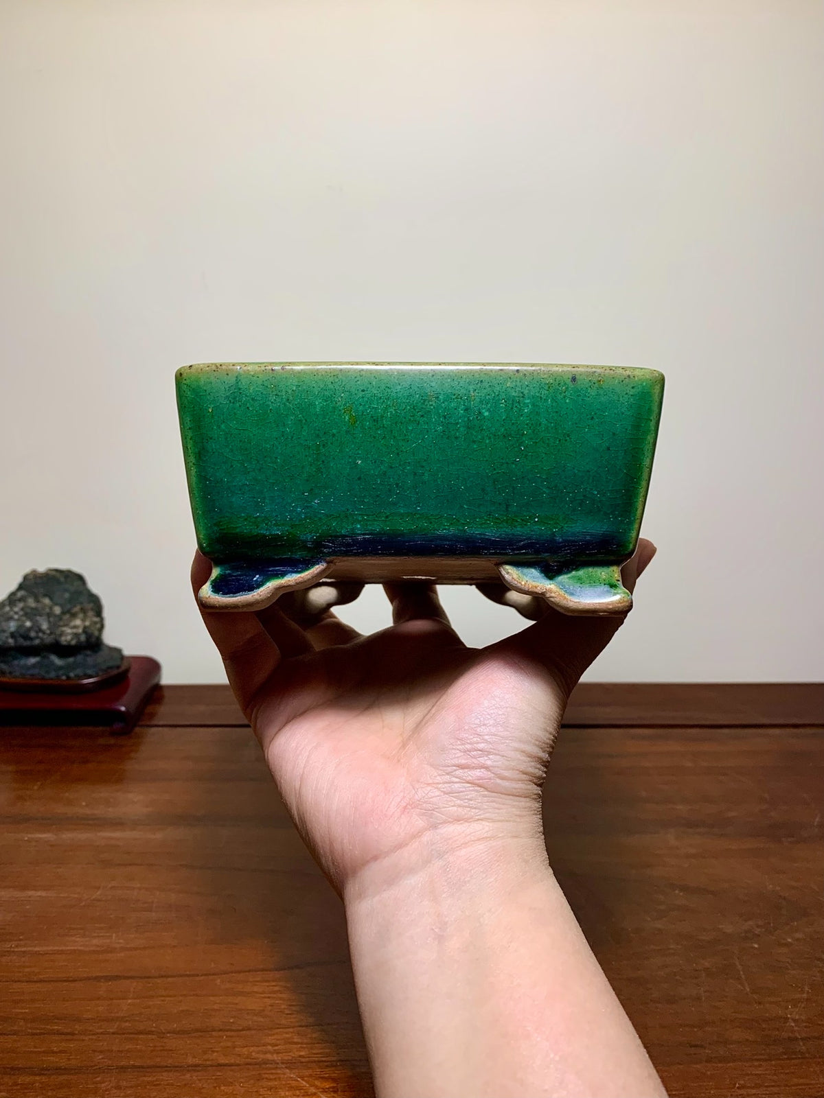 Cloth-Textured Glaze, Cloud Feet, Square Japanese Pot by Watanabe Kazuhiro