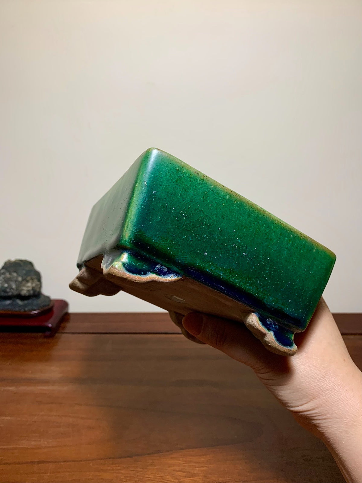 Cloth-Textured Glaze, Cloud Feet, Square Japanese Pot by Watanabe Kazuhiro