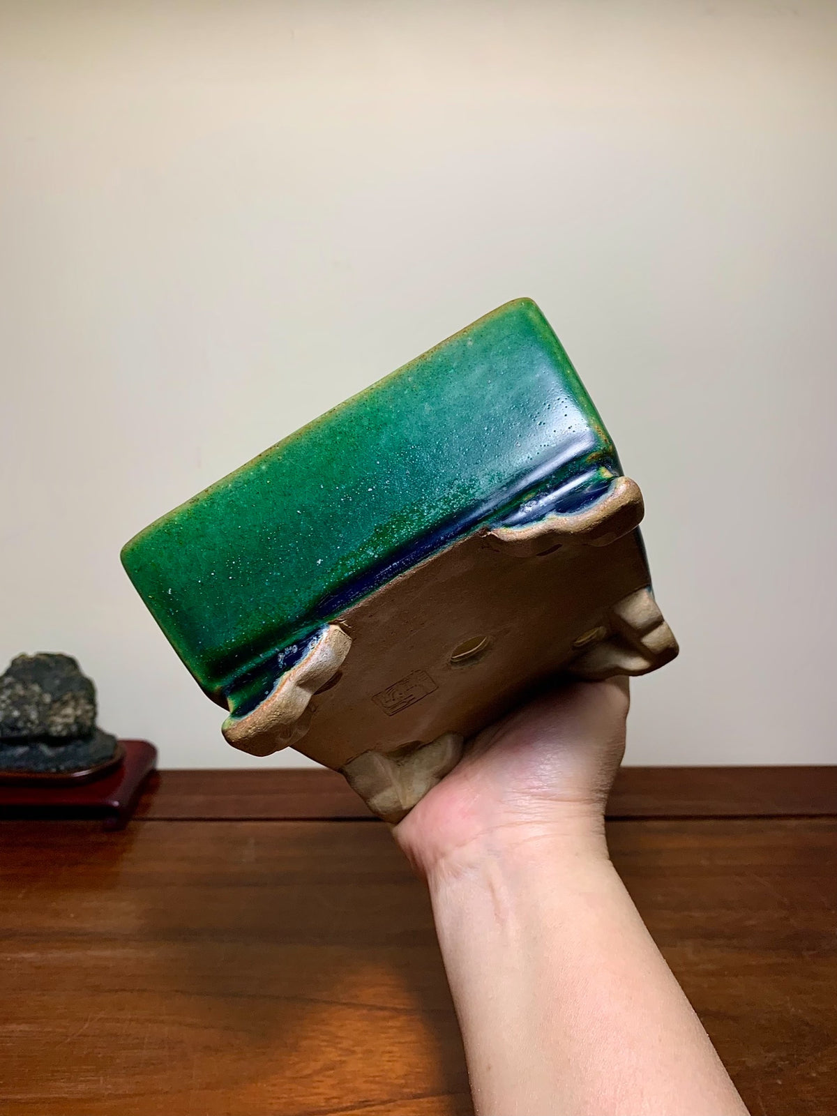 Cloth-Textured Glaze, Cloud Feet, Square Japanese Pot by Watanabe Kazuhiro