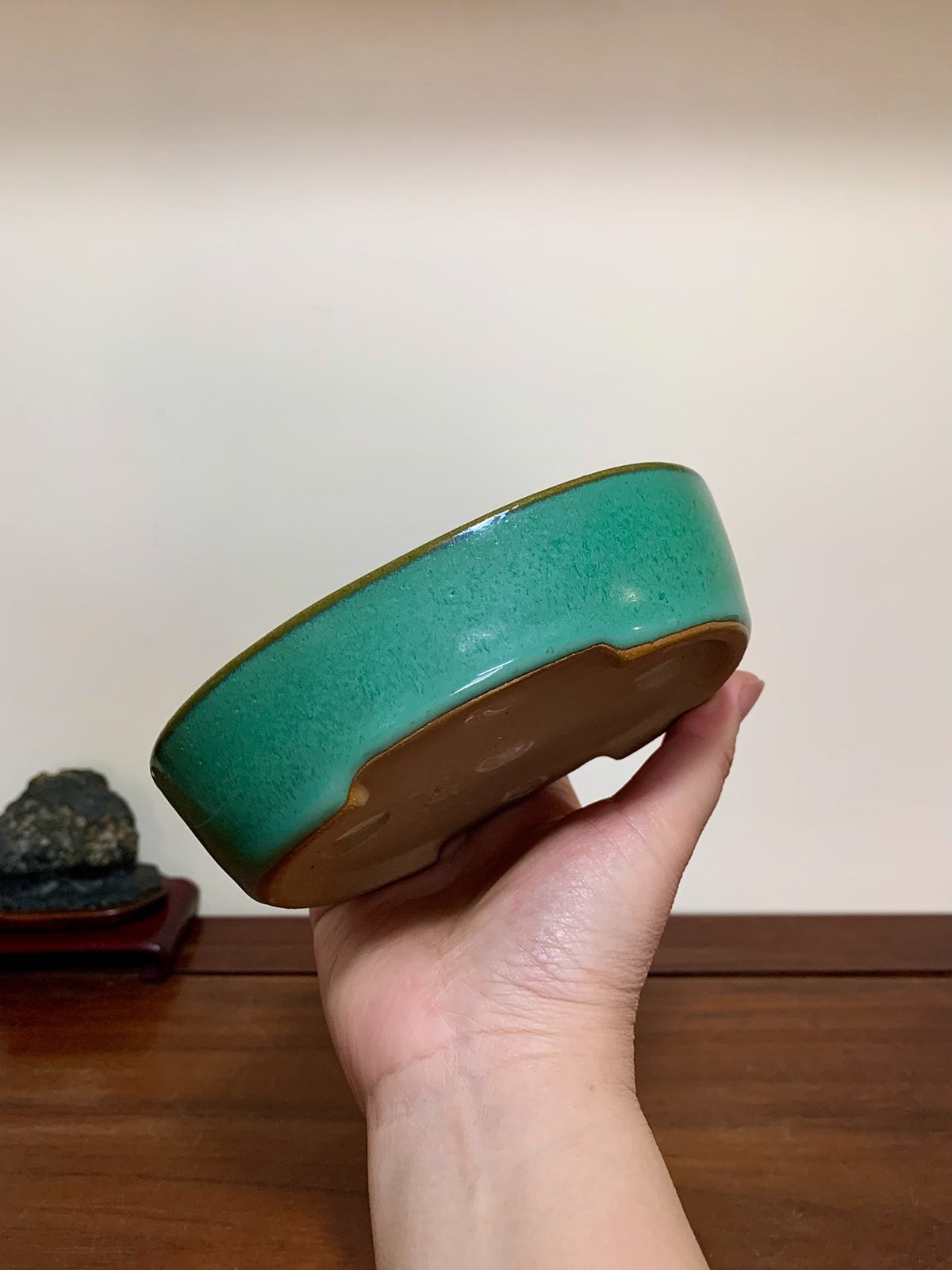 Green Glaze Kiln-Transmuted Oval Maple Tree Pot by Yamafusa