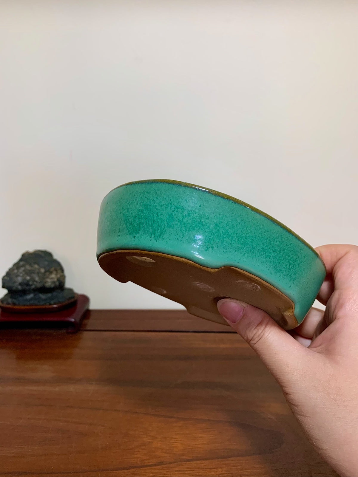 Green Glaze Kiln-Transmuted Oval Maple Tree Pot by Yamafusa
