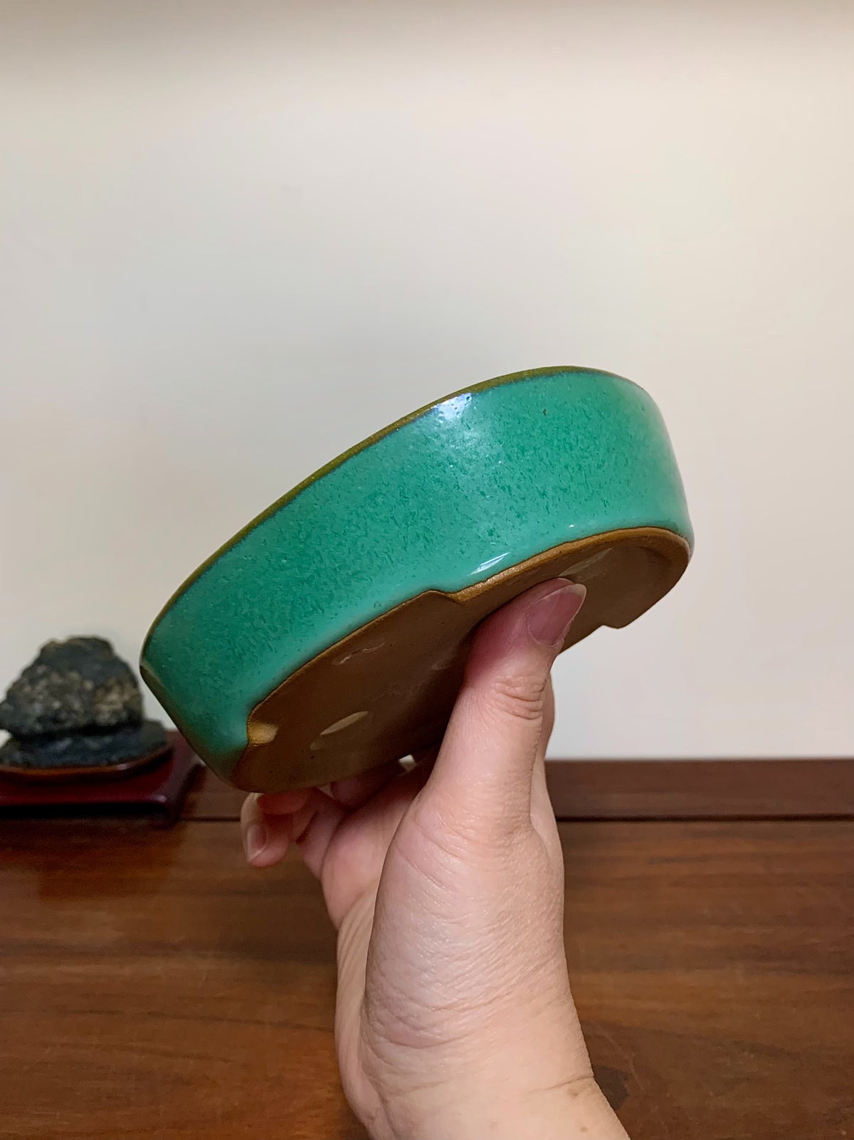 Green Glaze Kiln-Transmuted Oval Maple Tree Pot by Yamafusa