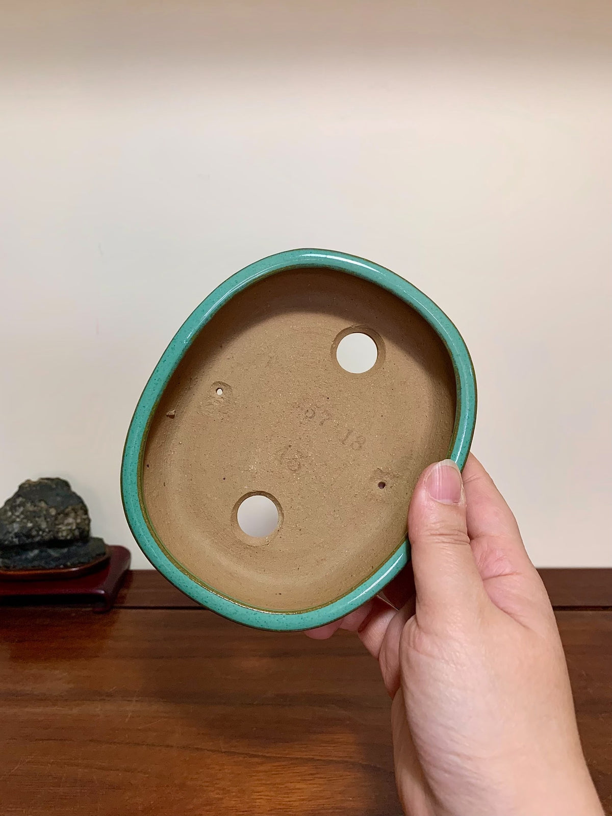 Green Glaze Kiln-Transmuted Oval Maple Tree Pot by Yamafusa