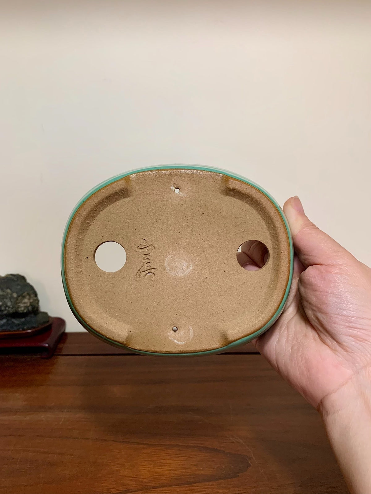Green Glaze Kiln-Transmuted Oval Maple Tree Pot by Yamafusa