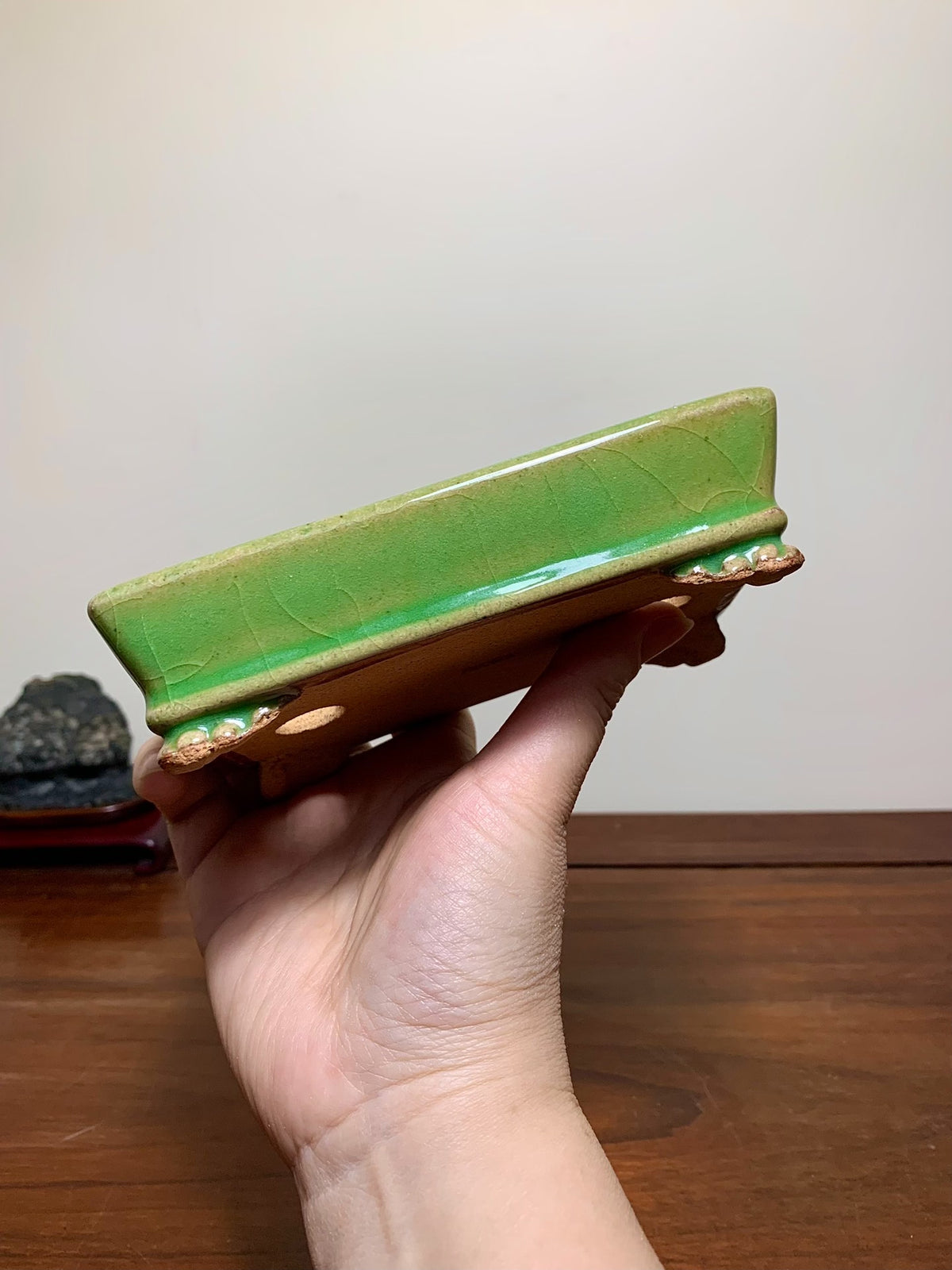 Green Glaze, Outer Rim, Lower Band, Cloud Feet, Rectangular, Japanese Flower Pot by Hattori