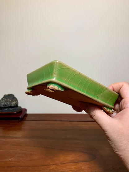 Green Glaze, Outer Rim, Lower Band, Cloud Feet, Rectangular, Japanese Flower Pot by Hattori