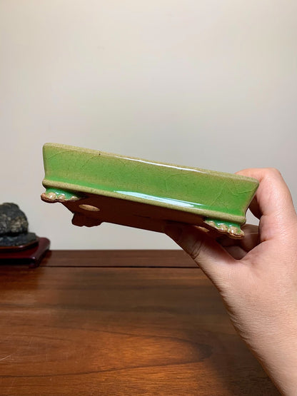 Green Glaze, Outer Rim, Lower Band, Cloud Feet, Rectangular, Japanese Flower Pot by Hattori