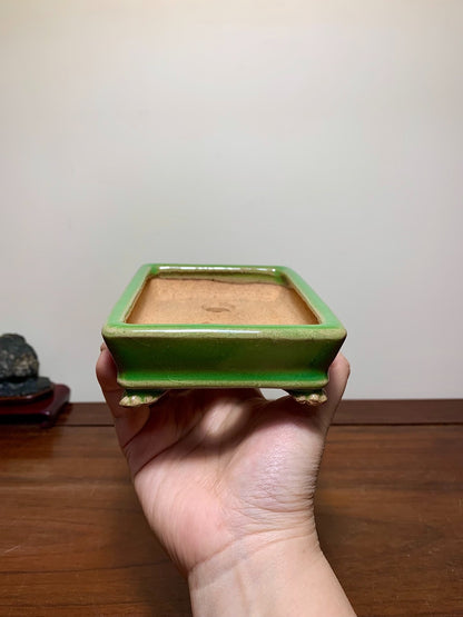 Green Glaze, Outer Rim, Lower Band, Cloud Feet, Rectangular, Japanese Flower Pot by Hattori
