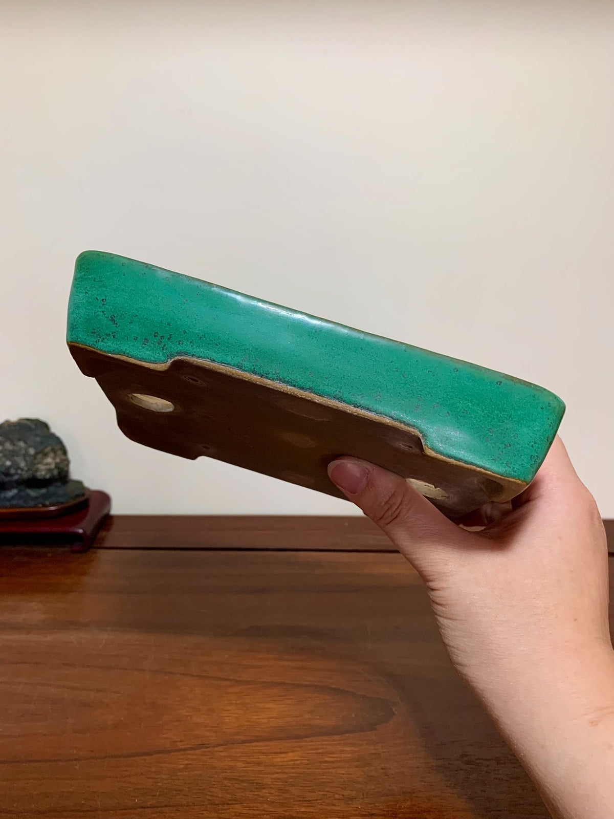 Cloth-Textured Glaze, Cut-Foot Rectangular Maple Tree Pot by Yamafusa