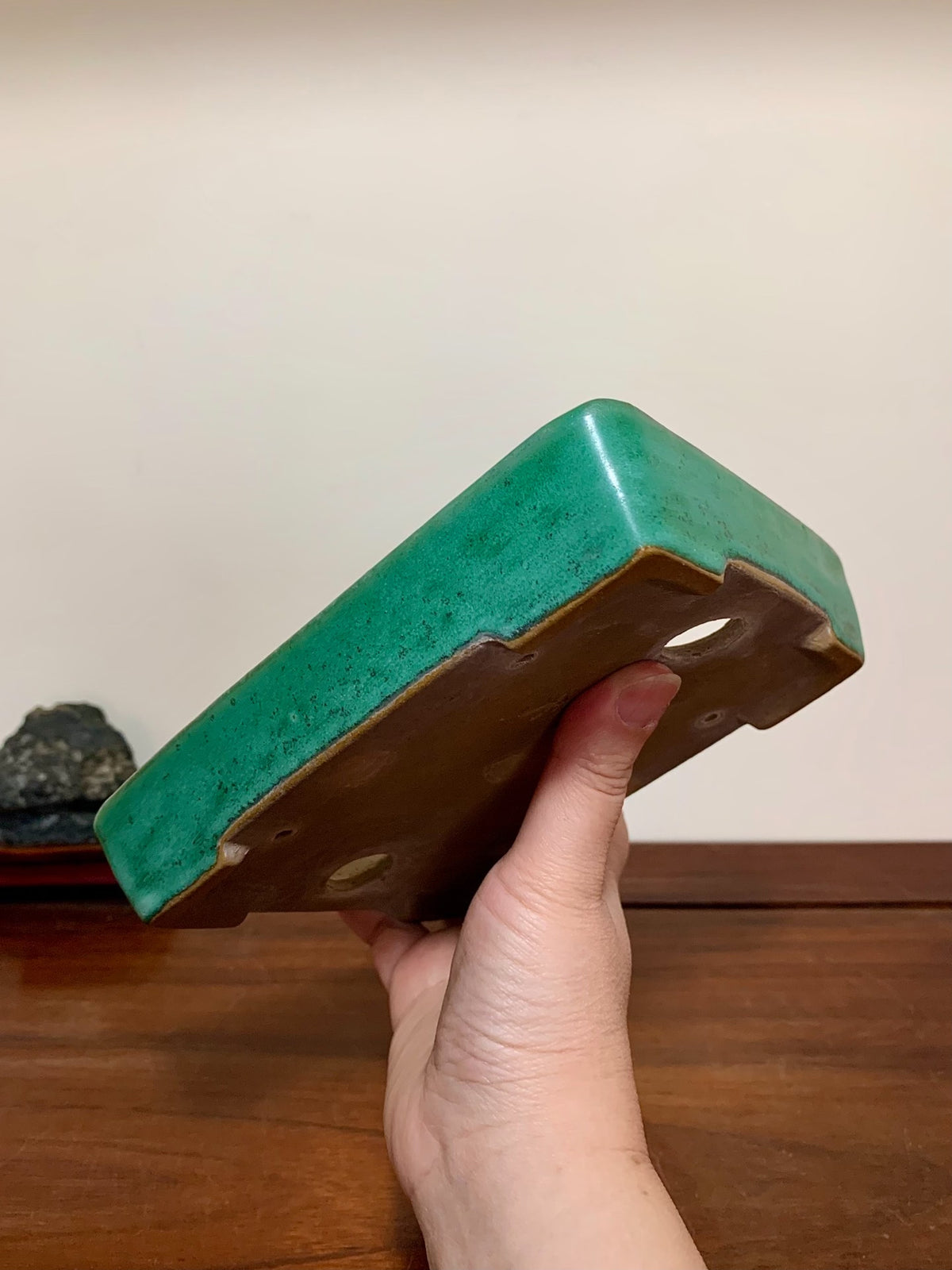 Cloth-Textured Glaze, Cut-Foot Rectangular Maple Tree Pot by Yamafusa