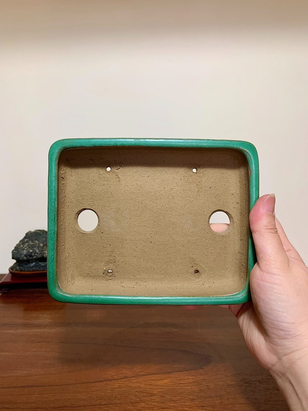Cloth-Textured Glaze, Cut-Foot Rectangular Maple Tree Pot by Yamafusa