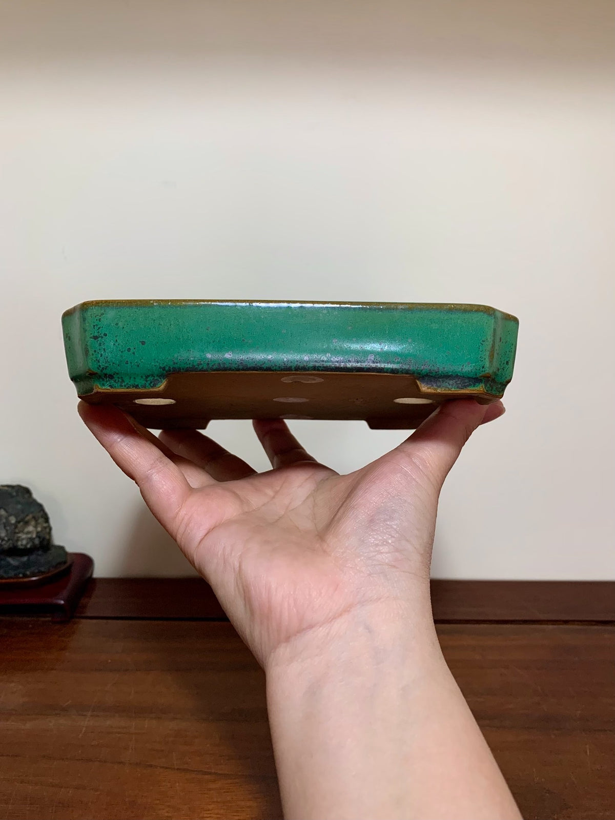 Cloth-Textured Glaze, Cut-Corner Rectangular Maple Tree Pot by Yamafusa