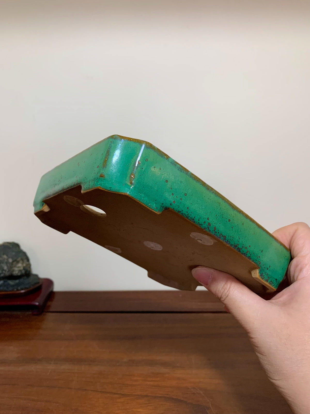 Cloth-Textured Glaze, Cut-Corner Rectangular Maple Tree Pot by Yamafusa