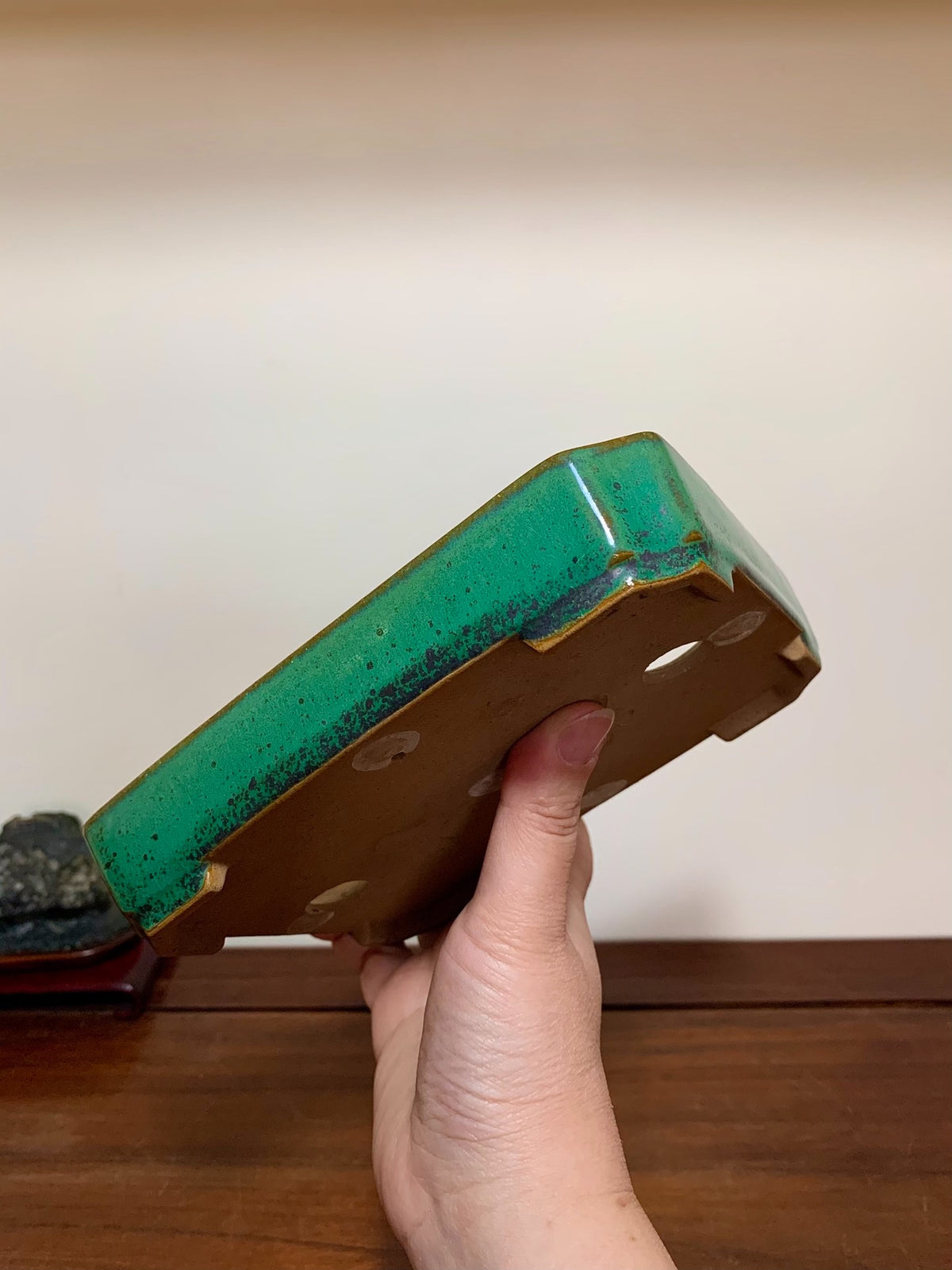 Cloth-Textured Glaze, Cut-Corner Rectangular Maple Tree Pot by Yamafusa