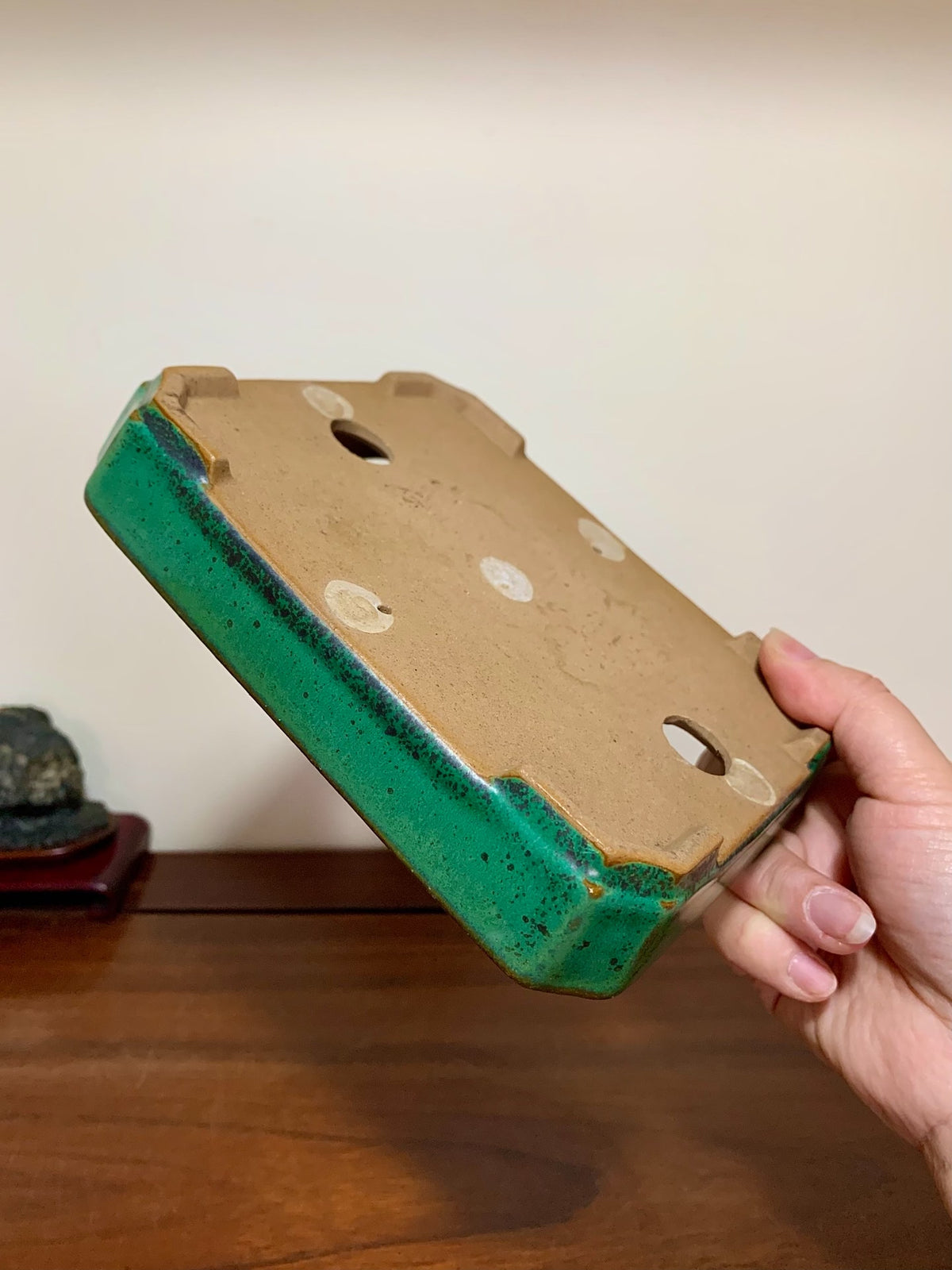 Cloth-Textured Glaze, Cut-Corner Rectangular Maple Tree Pot by Yamafusa