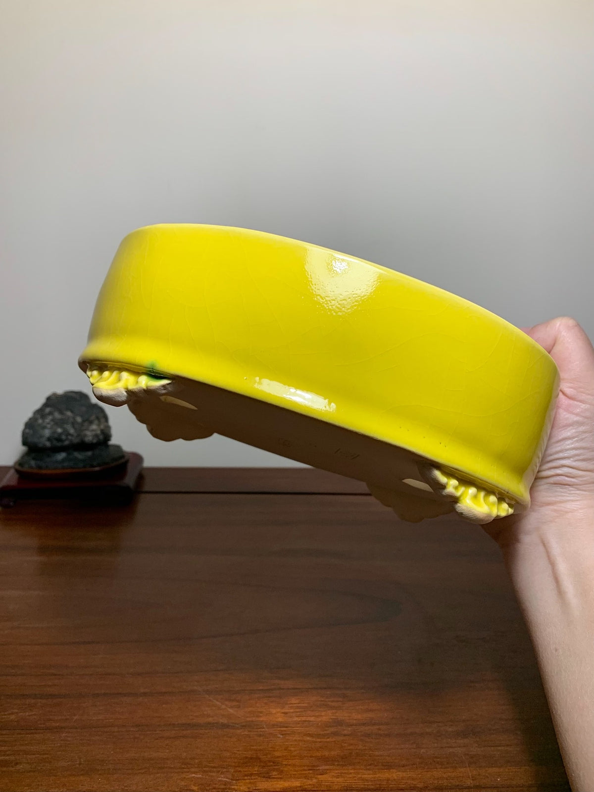Yellow Glaze Cloud Feet Lower Band Oval Japanese Bonsai Pot by Yōzan