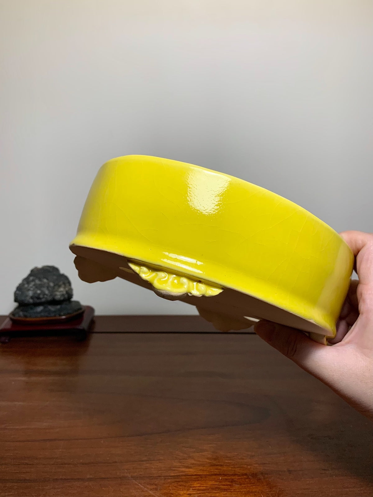 Yellow Glaze Cloud Feet Lower Band Oval Japanese Bonsai Pot by Yōzan
