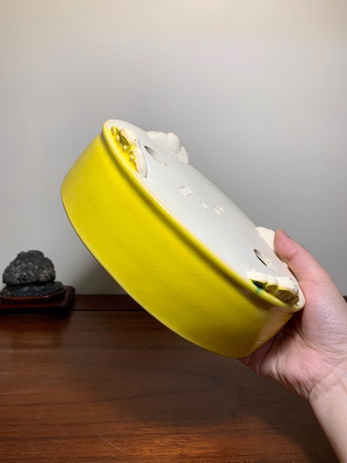 Yellow Glaze Cloud Feet Lower Band Oval Japanese Bonsai Pot by Yōzan
