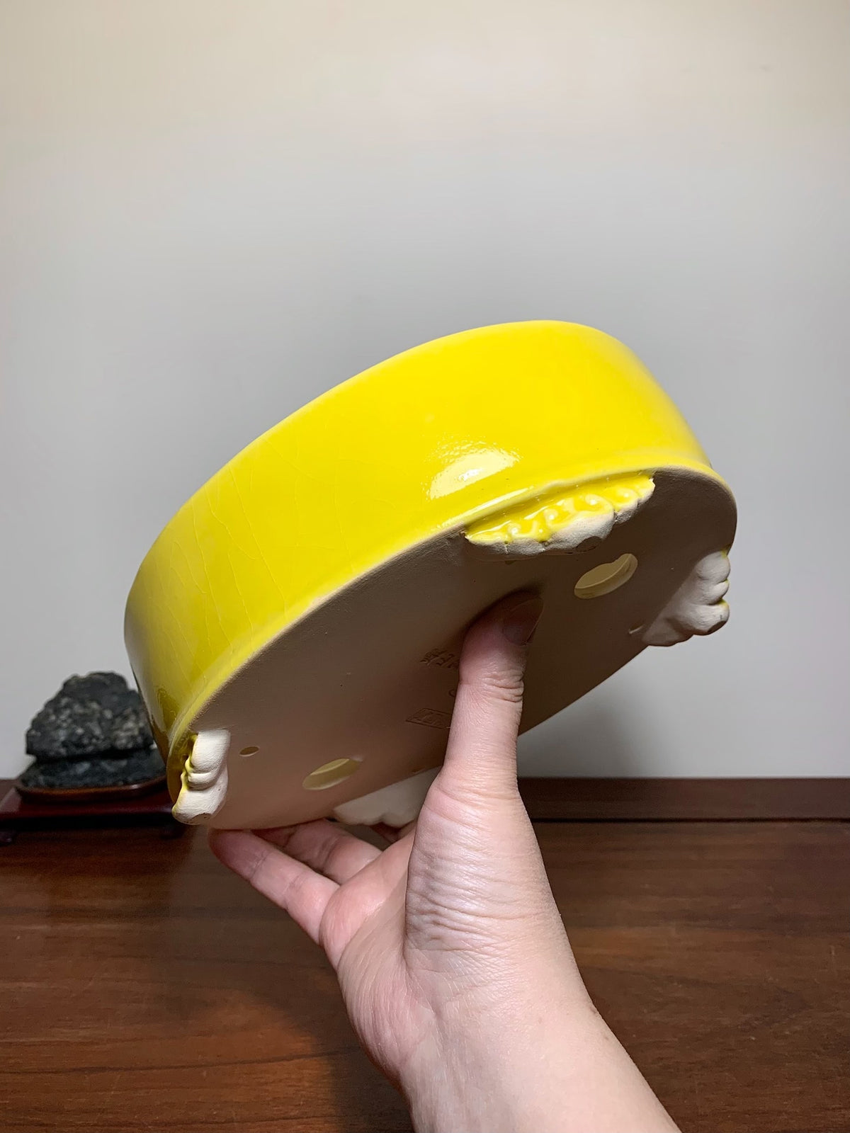 Yellow Glaze Cloud Feet Lower Band Oval Japanese Bonsai Pot by Yōzan