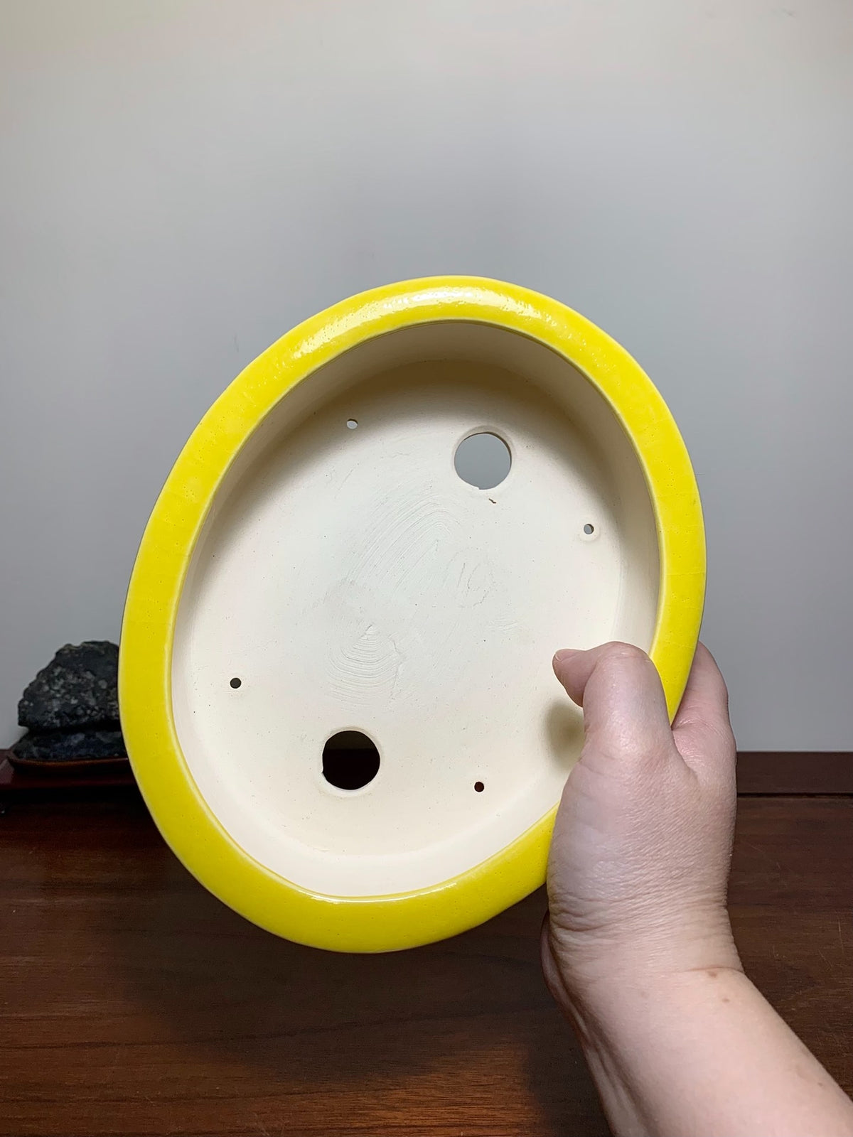 Yellow Glaze Cloud Feet Lower Band Oval Japanese Bonsai Pot by Yōzan