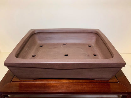 Purple Clay Rectangular Pot with Outer Rim and Sectioned Cut Feet Japan Flower Pot by Nakano Hiroshi
