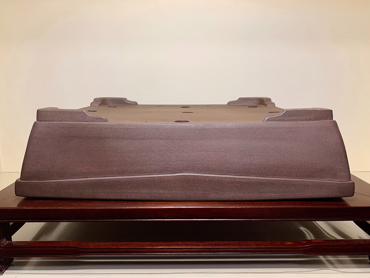 Purple Clay Rectangular Pot with Outer Rim and Sectioned Cut Feet Japan Flower Pot by Nakano Hiroshi